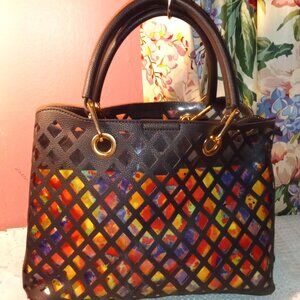 COLORFUL SATCHEL HANDBAG WITH BLACK COVERED WOVEN NET DECOR, RED COLOR INSIDE